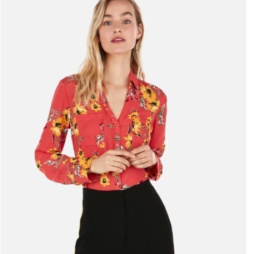 EXPRESS Portofino coral pink sunflower print blouse with tab sleeve option